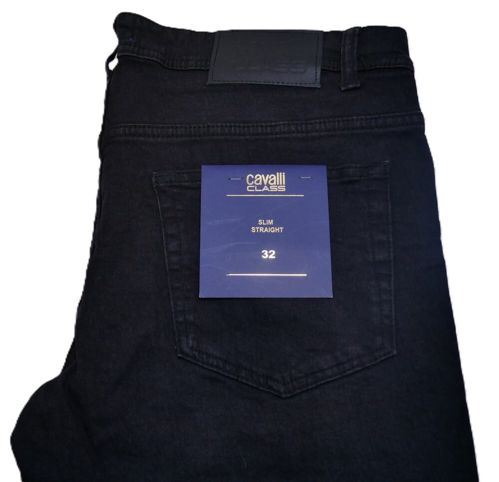 New Roberto Cavalli Class Black Denim Jeans Slim Straight Size 32 USA 35" x 31"